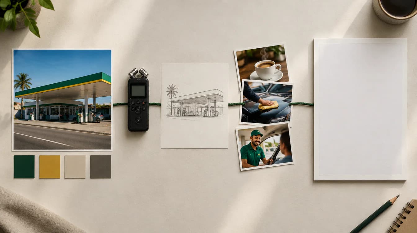Fluxo visual com foto do posto, referências de serviços e a peça pronta para aprovação